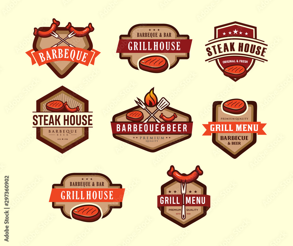 Set of vintage retro badge, label, logo design templates for hotdog, steak house, grill menu. Food logos set. 