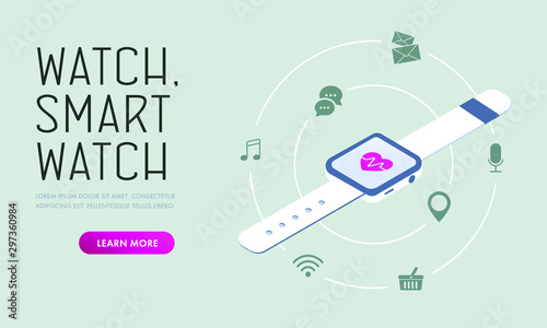 Smart watch wireless fitness tracker gadget vector concept. Color heart icon on isometric smartwatch screen and other technology functions icons around isolated on white background