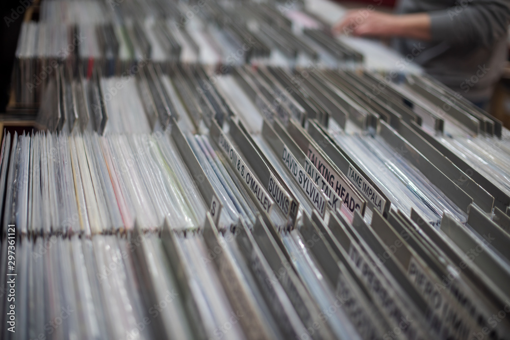 Assortment of vinyl on rack in music store Assortment of vinyl on rack in music store