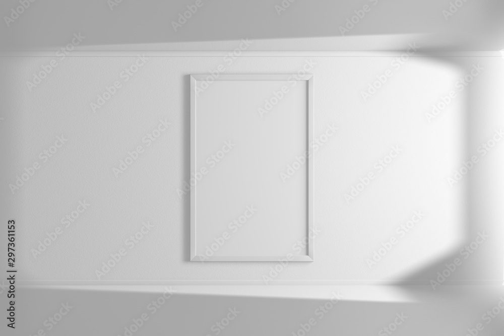 Vertical mockup picture frame of white color hanging on the wall. Simple interior. Bright room. Light and shadow of the window. 3D rendering Vertical mockup picture frame of white color hanging on the wall. Simple interior. Bright room. Light and shadow of the window. 3D rendering