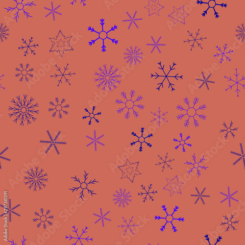 Snowflakes in different shapes and forms. Merry Christmas and New Year seamless vector pattern. Colorful background for Xmas.