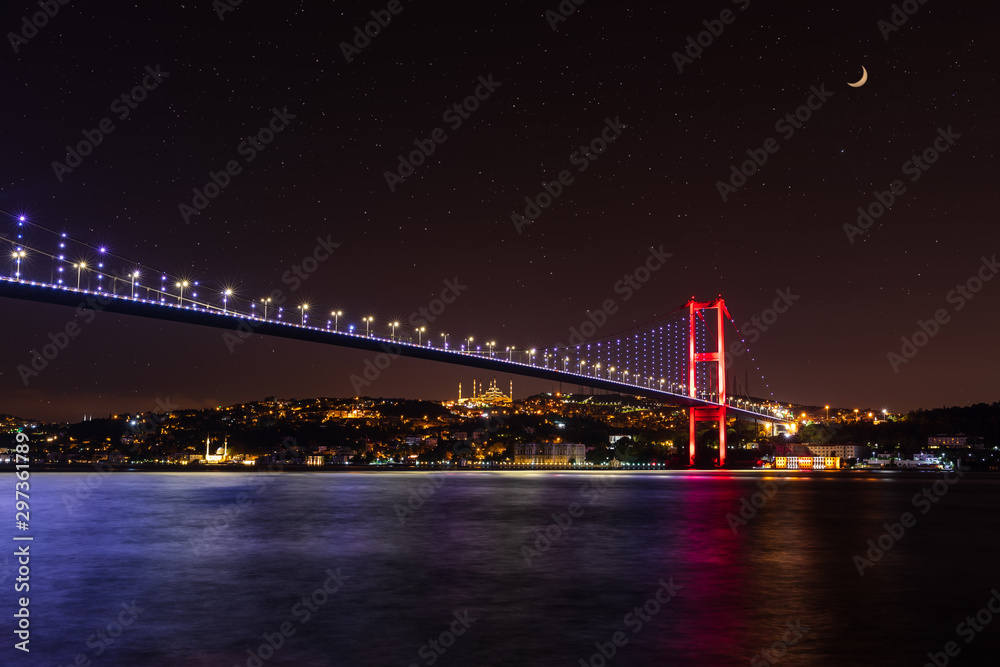 Illuminated Bosphorus bridge at night, Istanbul, Turkey