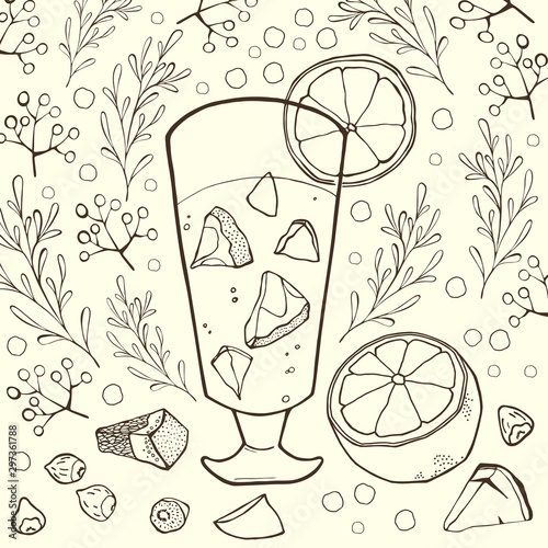 A glass of mulled wine with piece of fruits, nuts and cut orange. Flower outline pattern on the background. Vector illustration in hand drawn style.