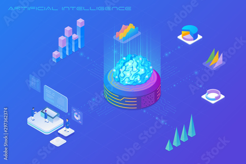 Artificial Intelligence AI analyses Big Data Isometric Flat vector illustration concept.