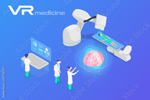 Medicine in Virtual Reality scanning Brain Isometric Flat Vector illustration