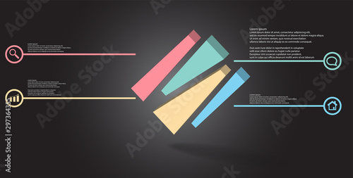 3D illustration infographic template with embossed cube randomly divided to four moved parts askew arranged