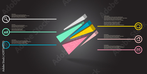 3D illustration infographic template with embossed cube randomly divided to six moved parts askew arranged