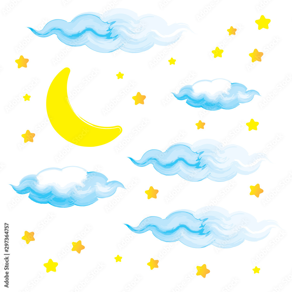 Niebieskie chmury akwarela i wzór księżyca na białym tle <span>plik: #297364757 | autor: Лия Бухарова</span>