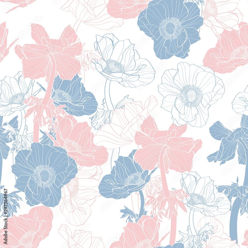 Anemone. Seamless pattern of pink blue line flowers. Floral background.