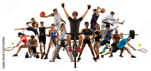 Sport collage. Cycling, tennis, soccer, taekwondo, fitness, bodybuilding, fighter and basketball players