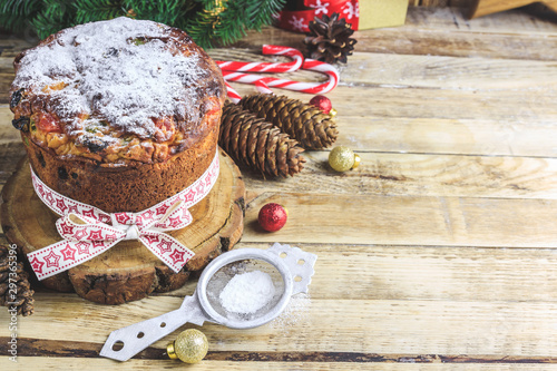 Traditional Christmas panettone with raisins and dried fruits