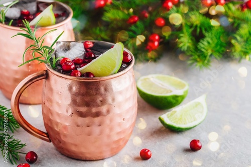 Photography Christmas Moscow Mule ice cold Cocktail in copper cup with cranberries, lime and rosemary on stone background