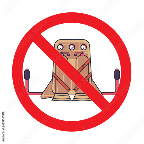 Colored jetpack drawn in flat style isolated on a white background in prohibition sign