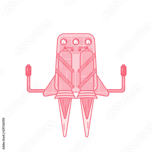Jetpack drawn in flat style isolated on a white background with fire escaping from its pipes.