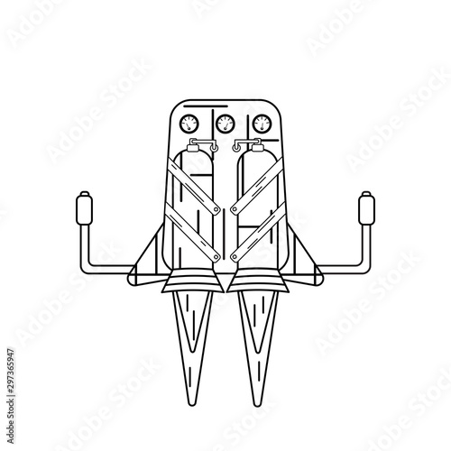 Jetpack drawn in lineart style isolated on a white background with fire escaping from its pipes.