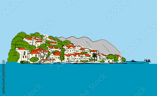 Old european city. Mediterranean sea. Sketch for your design
