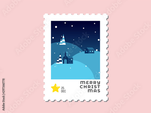 House on the hill in blue tone - Christmas stamp flat design for greeting card and multi purpose - Vector illustration