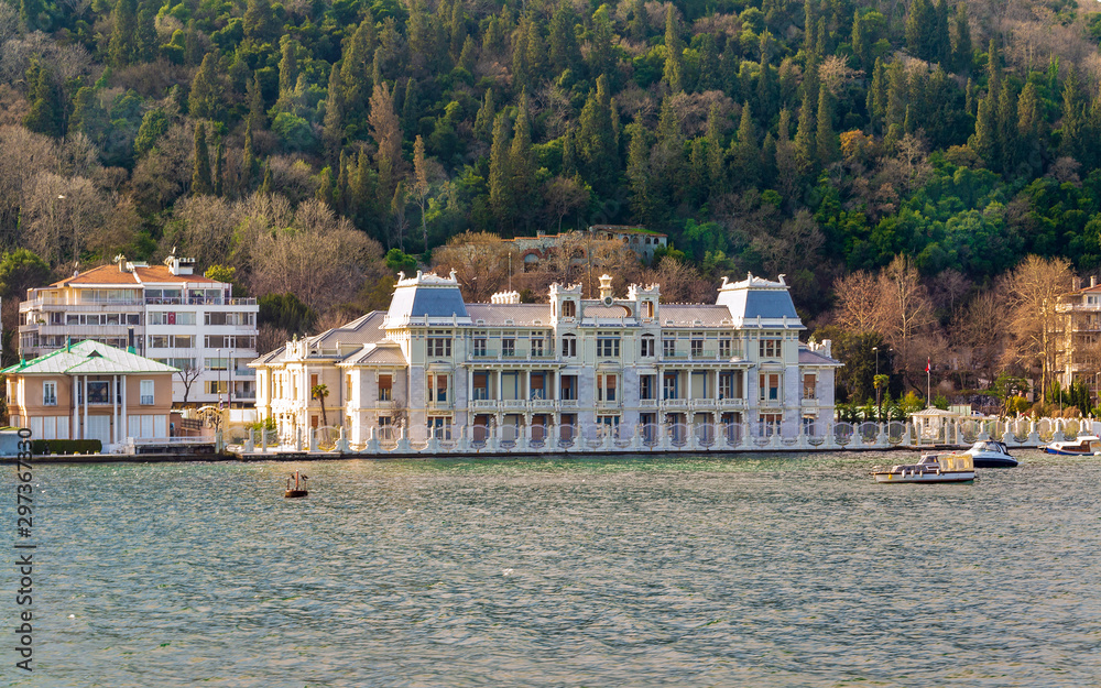 Waterfront Khediwes Palace -Hidiv Sarayi- historical building, former residence of Egyptian Khedive Abbas II, currently the Egyptian Consulate, near Bosphorus bridge, Bebek district, Istanbul, Turkey