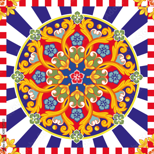 Seamless bright background. Colorful ethnic round ornamental mandala. Trendy pattern. Vector illustration
