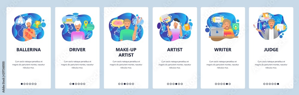 Mobile app onboarding screens. Different occupations, poeple, job, professions, workers. Menu vector banner template for website and mobile development. Web site design flat illustration