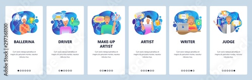 Mobile app onboarding screens. Different occupations, poeple, job, professions, workers. Menu vector banner template for website and mobile development. Web site design flat illustration