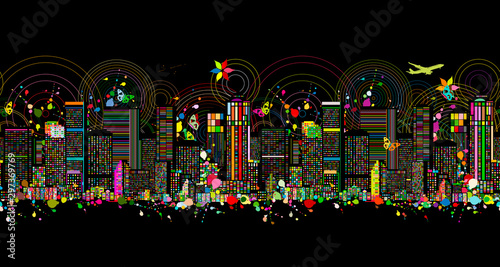 Colorful night metropolis, seamless pattern for your design