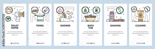 Mobile app onboarding screens. Toilet and bathroom accessories, paper, shower, bath tub, shaving. Menu vector banner template for website and mobile development. Web site design flat illustration