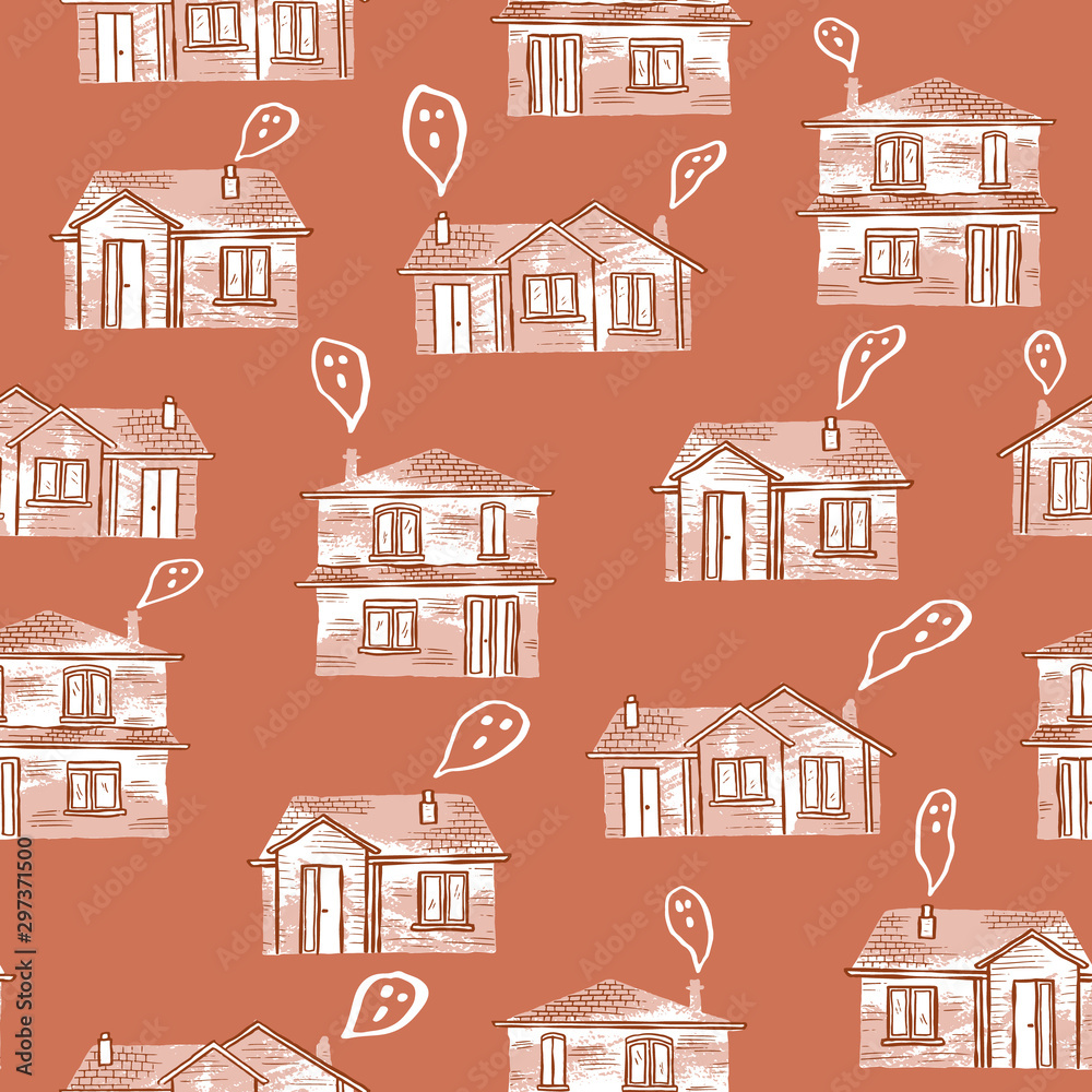 Vector spooky houses seamless pattern for halloween with ghosts comig out from chimneys like smoke. Hand drawn trendy design.