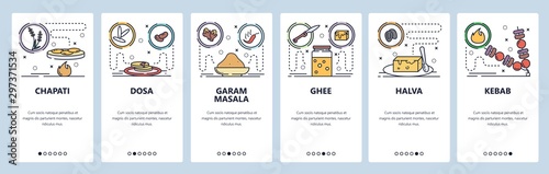 Mobile app onboarding screens. Indian cuisine, chapati, food, masala, ghee, kebab. Menu vector banner template for website and mobile development. Web site design flat illustration