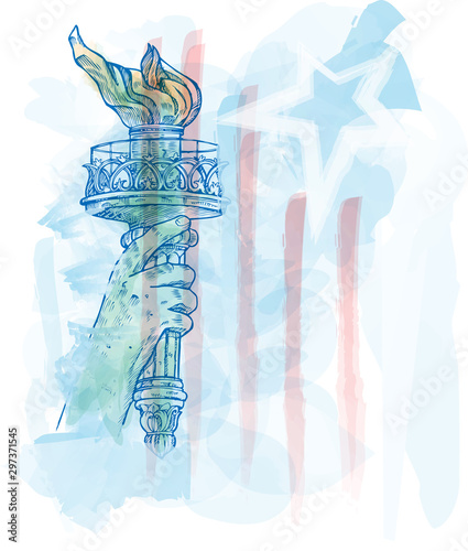  watercolor torch of statue of liberty on USA flag