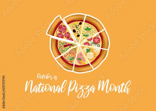 National Pizza Month vector. Pizza on a yellow background. Sliced pizza vector. Pizza different kinds vector. October is National Pizza Month. American Food & Beverage Holiday. Important day