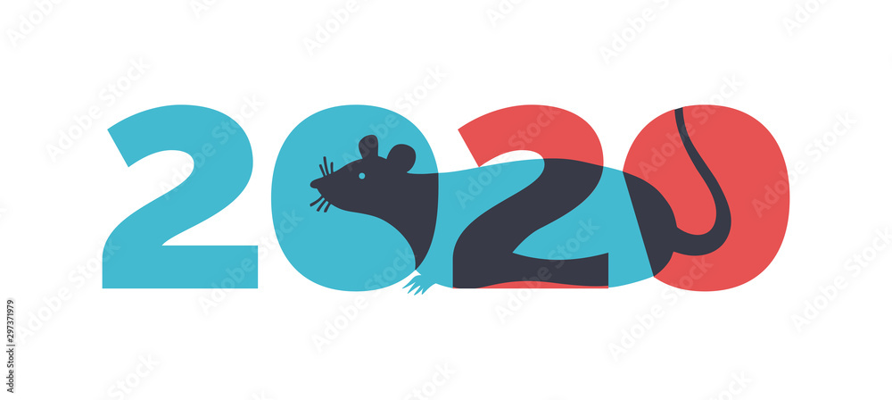 Logo 2020 happy new year, christmas. Vector flat illustration with a silhouette image of a mouse. The rat is the talisman of the eastern calendar.