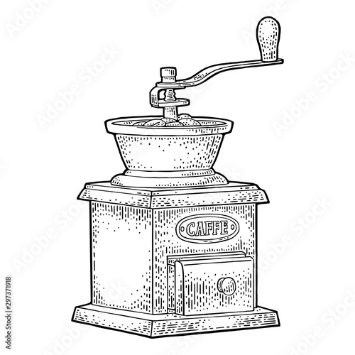 Coffee mill. Hand drawn sketch style. Vintage black vector engraving illustration for label, web. Isolated on white background