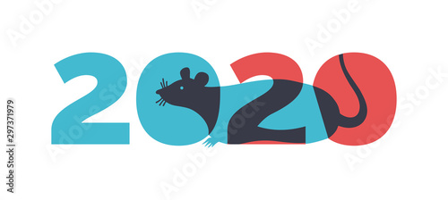 Logo 2020 happy new year, christmas. Vector flat illustration with a silhouette image of a mouse. The rat is the talisman of the eastern calendar.