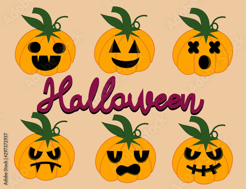 Pumpkin carving is popular on Halloween.Set of halloween pumpkins.Emoticons vector set.