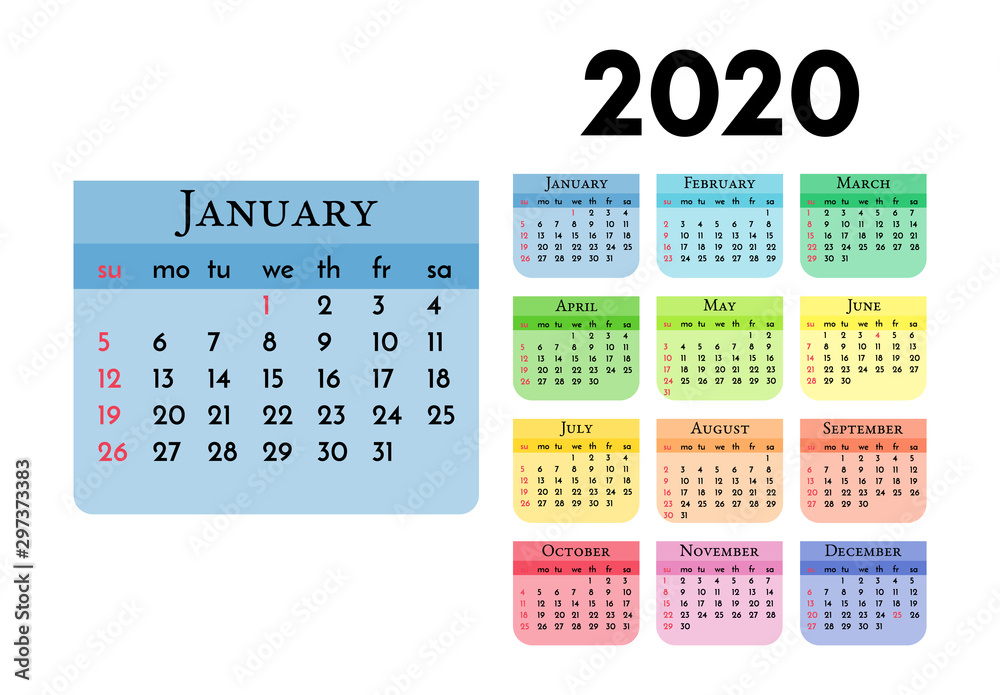Calendar for 2020 isolated on a white background Calendar for 2020 isolated on a white background