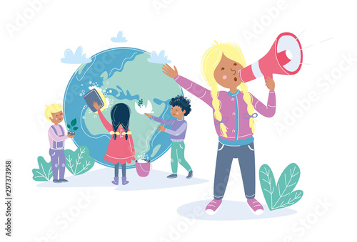 Kids making care about Earth. Girl holding a megaphone and calling people to protect planet. Ecology environment attention concept with children and globe. Vector illustration flat cartoon style.