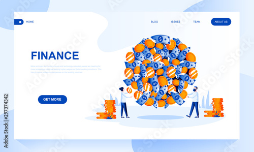 Finance vector landing page template with header. Financial operations with currency web banner, homepage design with flat illustrations