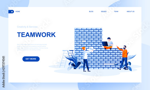 Teamwork flat landing page template with header. Business partnership web banner, homepage design. Staff cooperation vector illustration