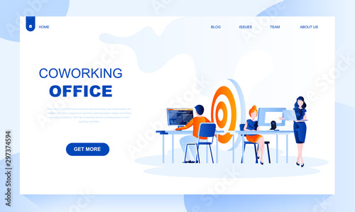 Coworking office flat landing page template with header. Company staff workspace web banner, homepage design. Partnership, collaboration vector illustration