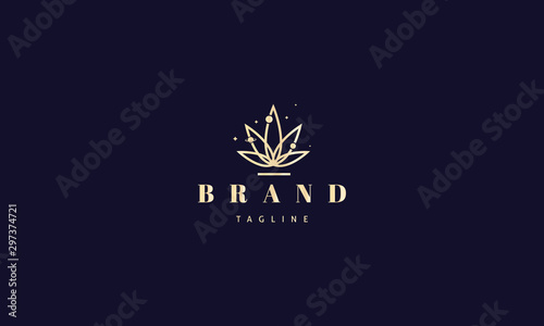 Vector gold logo on which an abstract image of cannabis leaves in the form of planetary orbits.