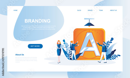 Branding vector landing page template with header. Corporate identity web banner, homepage design with flat illustrations