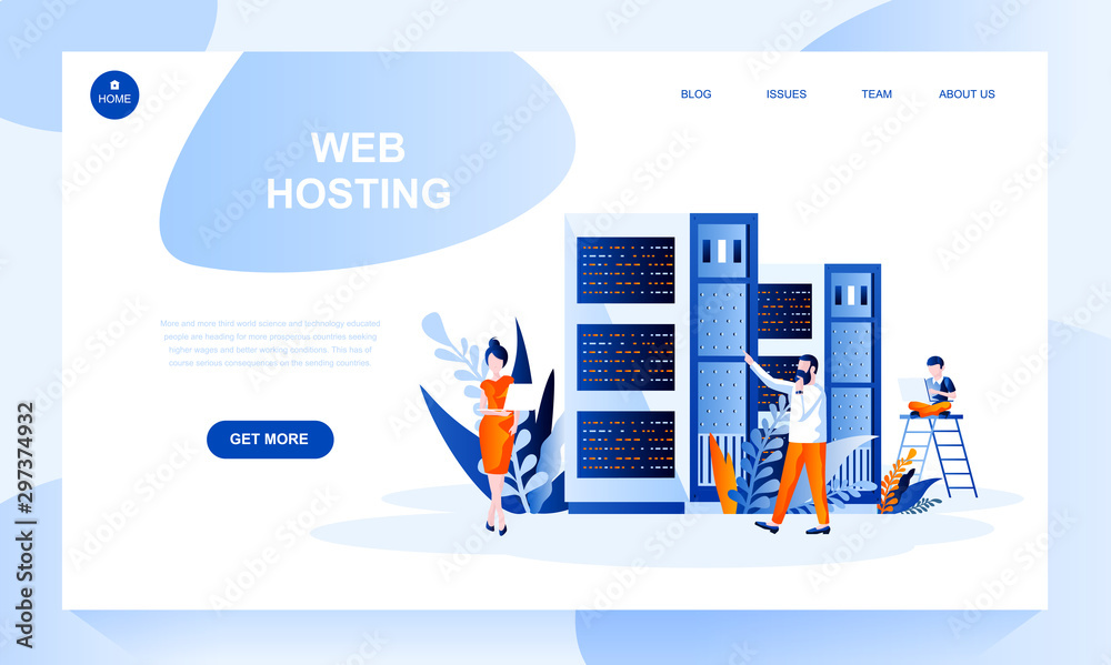Web hosting vector landing page template with header. Website banner, homepage design with flat illustrations