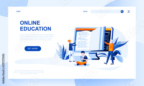 Online education vector landing page template with header. E learning web banner, homepage design with flat illustrations