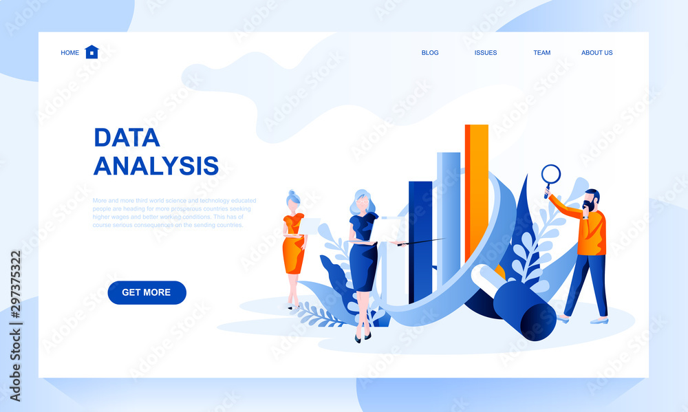 Data analysis vector landing page template with header. Information analytics web banner, homepage design with flat illustrations