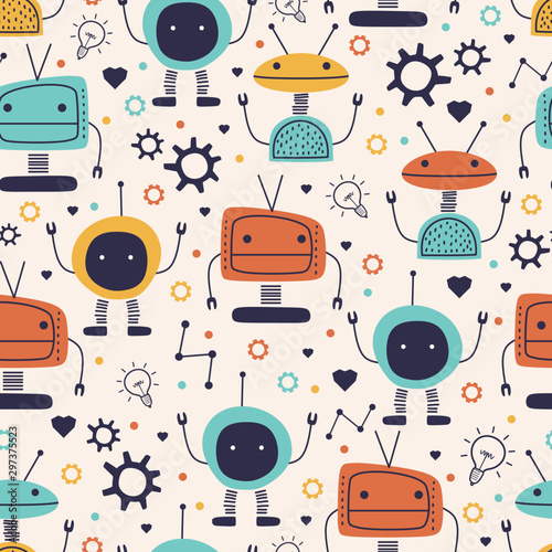 Cute seamless pattern with childish robot funny drawing. Vector hand drawn cartoon funny character monster cyborg for kids and baby fashion textile nursery theme ready for print.