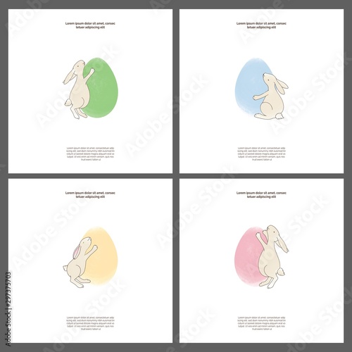 Tender easter cards set with small rabbits and eggs, templates kit, universal prints, poster design