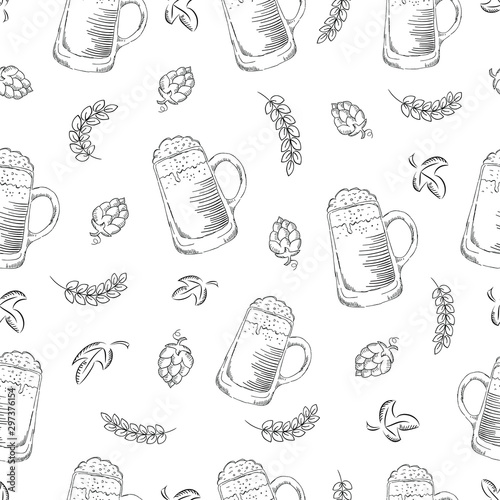 Hand drawn seamless beer pattern. Doodle style seamless pattern with beer, hop and wheat on white background.