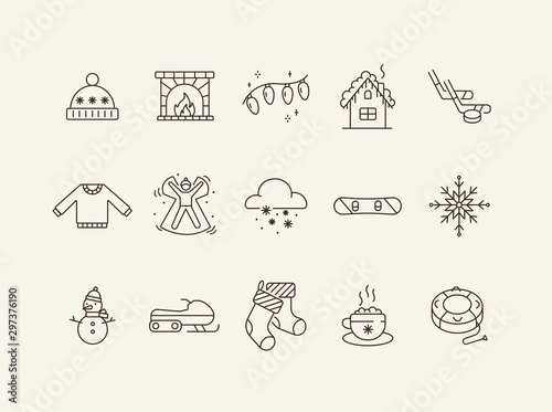 Winter vacation line icon set with Christmas fairy lights