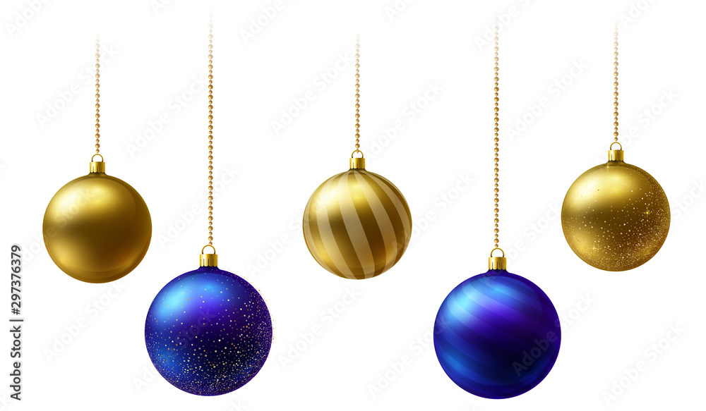 Realistic gold and blue Christmas balls hanging on gold beads chains on white background. - obrazy, fototapety, plakaty 